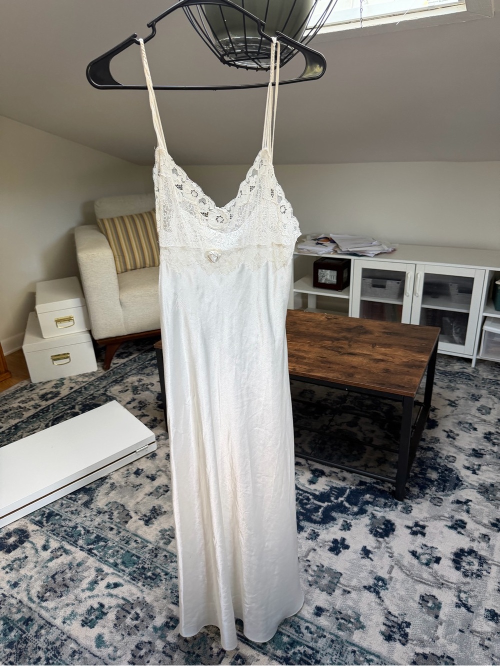 90s Vintage Christian Dior Ivory Lace-Trim Silk Slip Dress